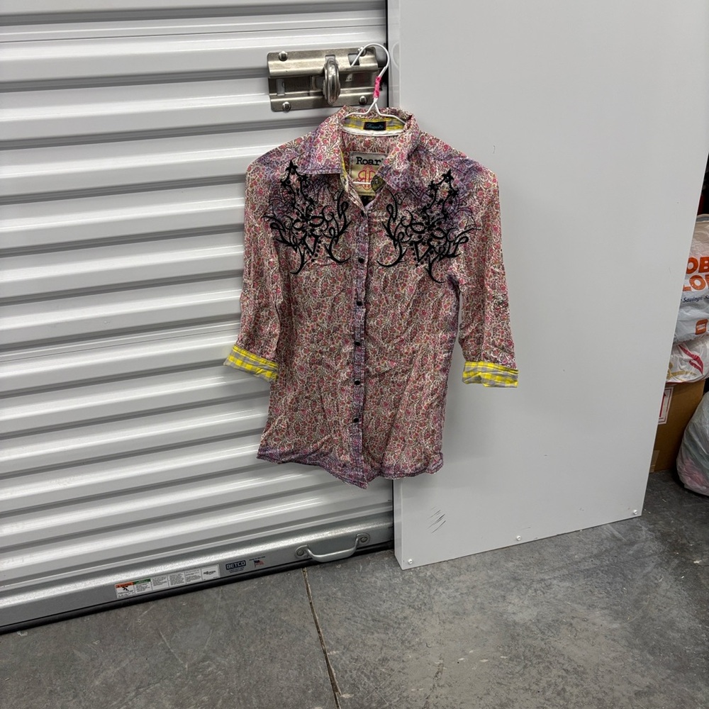 Destined to Roar RR Multicolor Floral Shirt Western Blouse Embroidered Snaps S